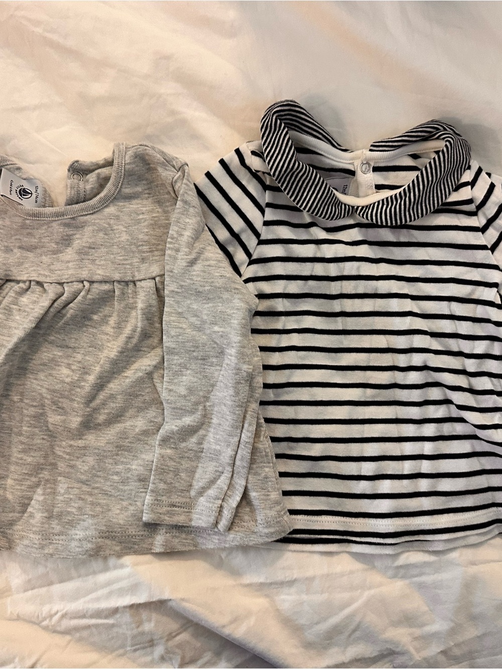 Petit Bateau Grey Long-Sleeve Top & Black-White Striped Collar Tee